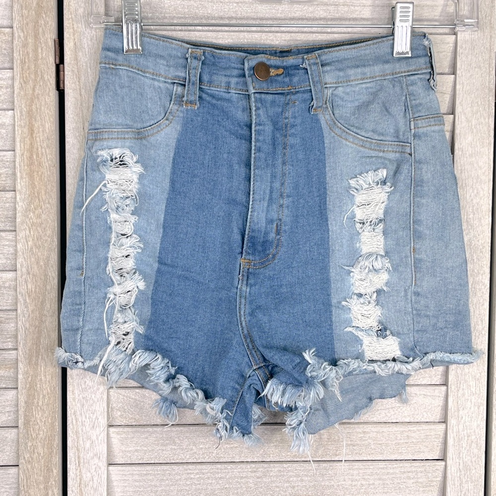 FASHION NOVA Two Tone Distressed Stretch Denim Shorts Blue-7